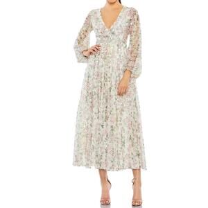 Mac Duggal White Embellished Floral Print Faux Wrap A Line Dress Women’s Sz 8